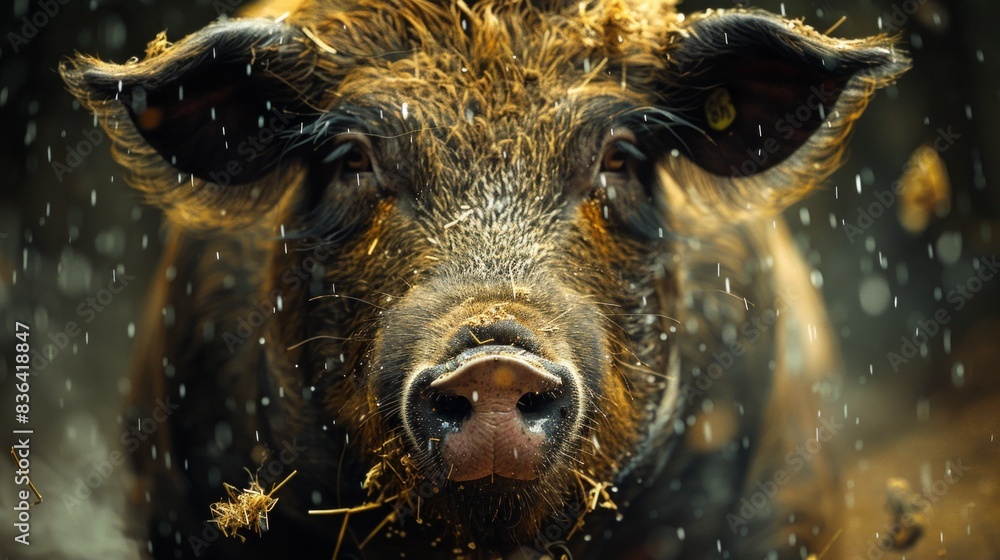 Fototapeta premium The butcher burns the pig hair off with dry straw before slaughter.