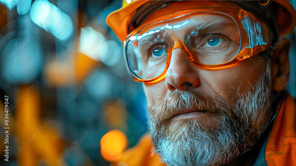 Engineer builder with helmet and blueprints at construction site background Engineer builder with helmet and blueprints at construction site background