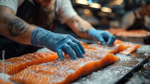 Fish fillet bones are cleaned by humans wearing blue rubber gloves. photo