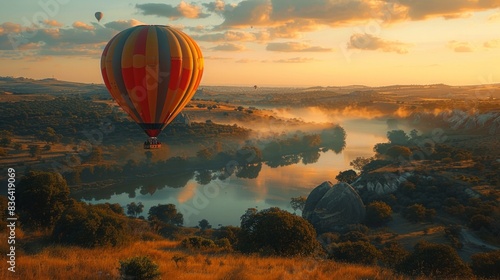 As the balloon gently ascends over the serene countryside, a majestic scene is captured photo