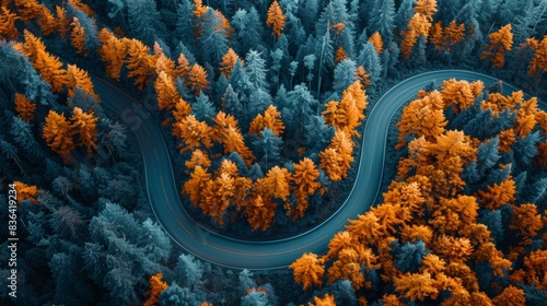 Autumn aerial view of a road winding through a Pacific Northwest forest