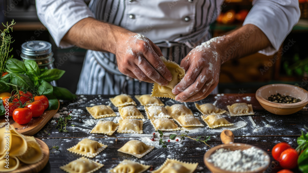 Chef Preparing Homemade Ravioli on Floured Surface in Professional Kitchen
Chef Preparing Homemade Ravioli on Floured Surface in Professional Kitchen