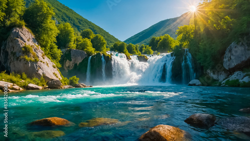 Stunning Pliva River waterfall in Bosnia and Herzegovina summer photo