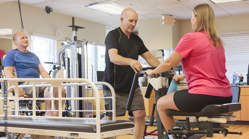 Middle-aged man and woman undergoing physical therapy at a clinic with the assistance of a physical therapist. Middle-aged man and woman undergoing physical therapy at a clinic with the assistance of a physical therapist.