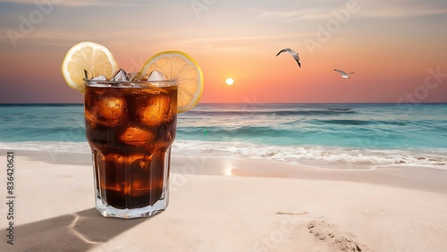 Glass of cola with ice cubes and lemon on the beach