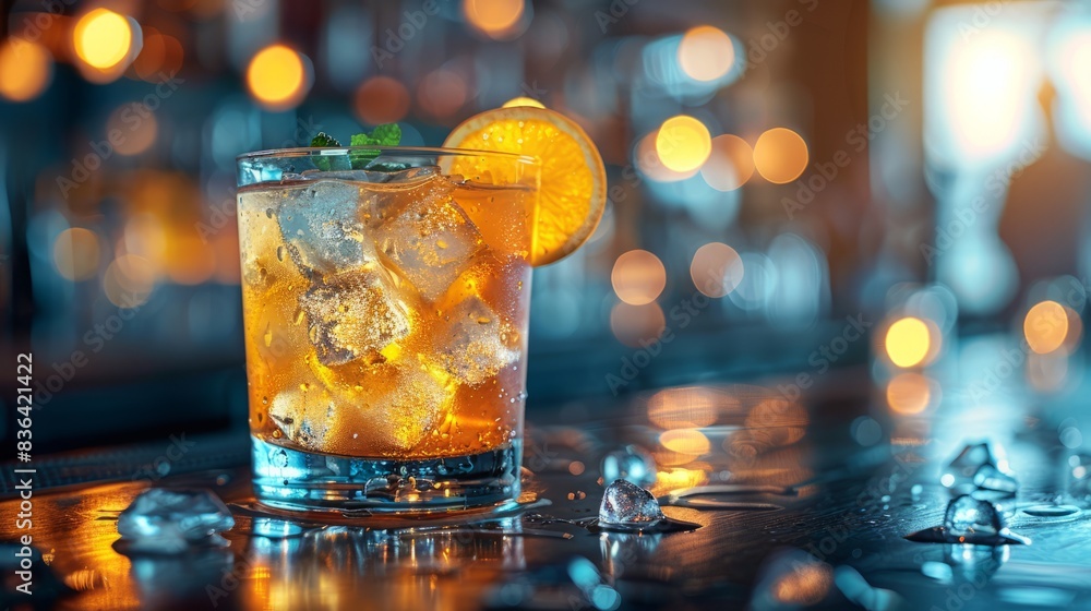 Close-up of an icy cocktail in a bar setting. Blurred background. Focus on the glass and ice cream. Close-up of an icy cocktail in a bar setting. Blurred background. Focus on the glass and ice cream.