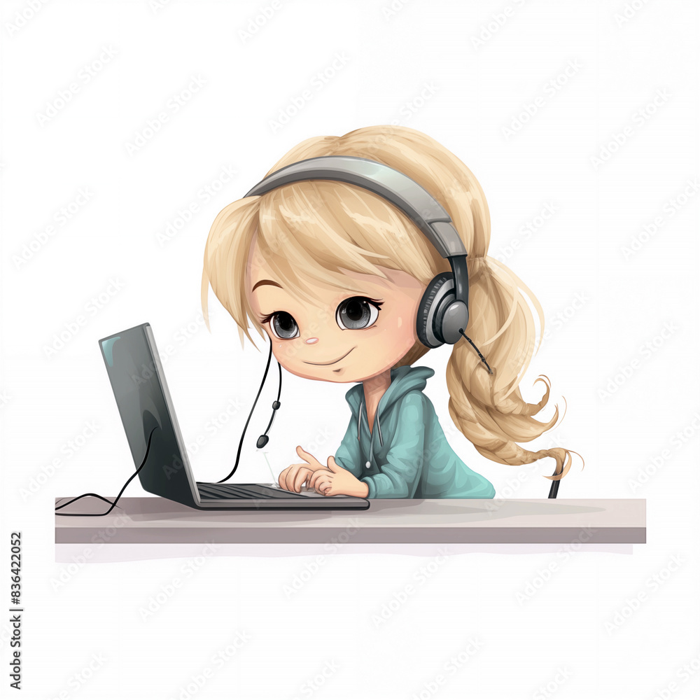 A cartoon girl is sitting at a desk with a laptop and headphones on A cartoon girl is sitting at a desk with a laptop and headphones on