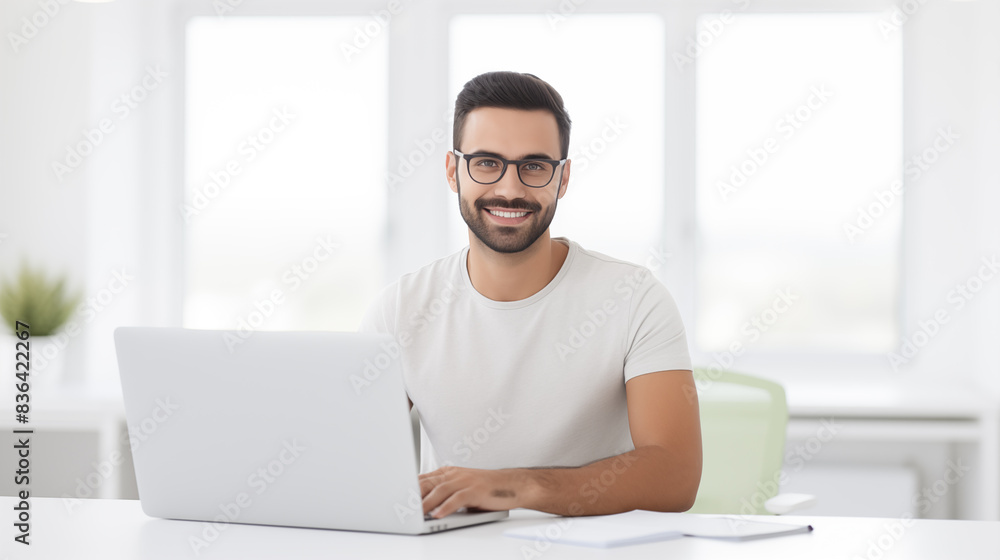 A man is sitting at a desk with a laptop in front of him A man is sitting at a desk with a laptop in front of him