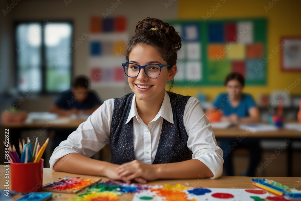 Fototapeta premium Smiling student with glasses sitting in art classroom, surrounded by art supplies and paintings, highlighting creativity and education. Concept back to school