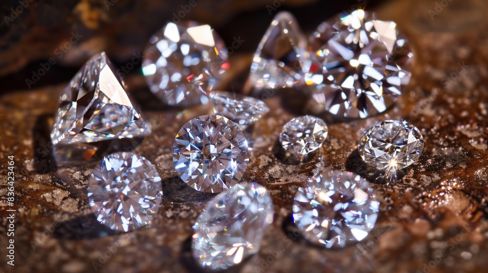 A variety of high-end diamonds arranged on a table for showcasing and examination. The diamonds are sparkling and varied in size and shape, reflecting light in different directions. A variety of high-end diamonds arranged on a table for showcasing and examination. The diamonds are sparkling and varied in size and shape, reflecting light in different directions.