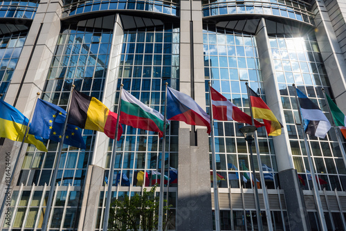 Fluttering flags of the countries of the European Union in a row in Brussels, Belgium. Close up	 photo