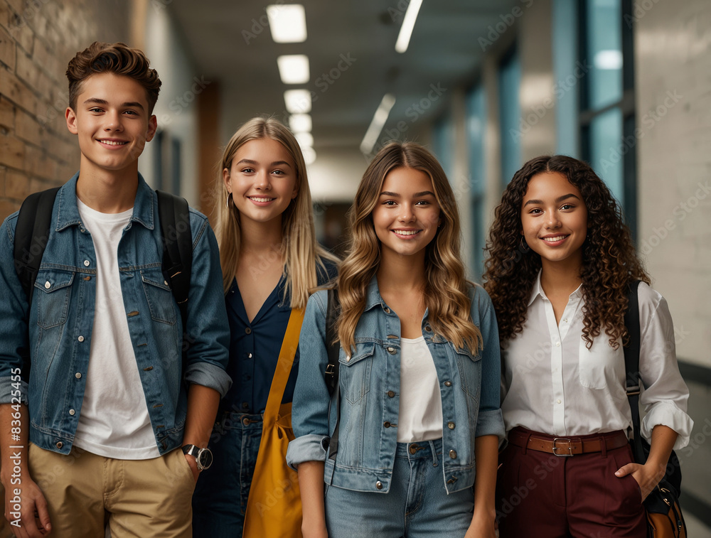 Fototapeta premium Stylish smiling students and standing together in a modern school hallway. Concept back to school