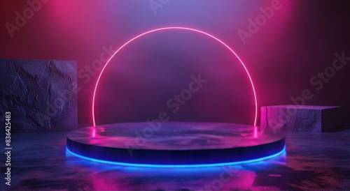 Neon Glow Light Display With Circular Arch And Platform