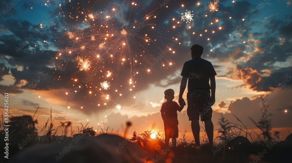 Father And Son Watching Fireworks At Sunset In A Field Father And Son Watching Fireworks At Sunset In A Field
