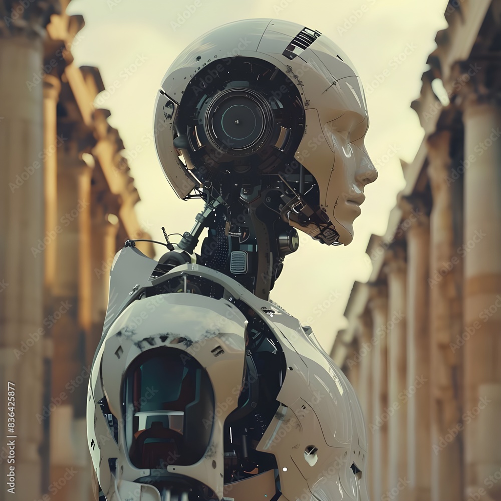 Fototapeta premium Solitary Robot Among Ancient Columns
