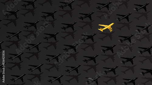 Trendy and stylish rich black airplane pattern with one gold airplane made with 3d illustration on dark background. Minimal travel rewards concept.
