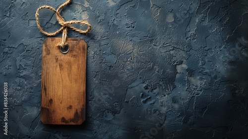 Rustic Wooden Tag Hanging on a Blue Textured Background photo