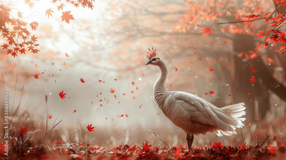 Fototapeta premium White Peacock Standing in Autumn Forest