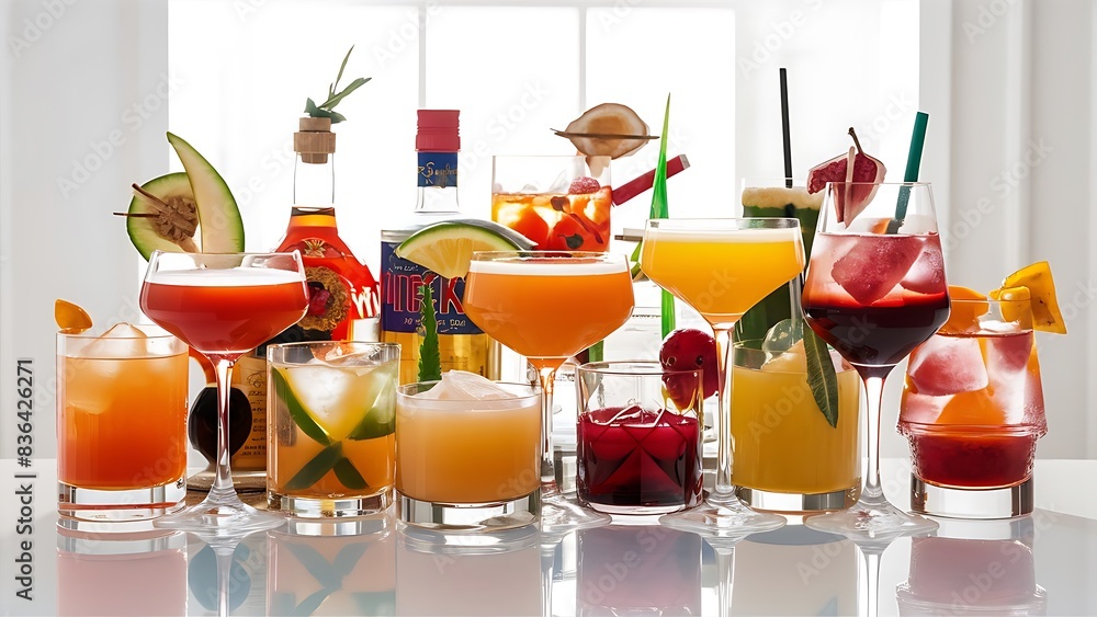 Various alcoholic cocktails on white background colorful cocktails ...