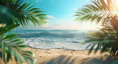 Tropical Beach Scene With Palm Trees and Waves at Sunset