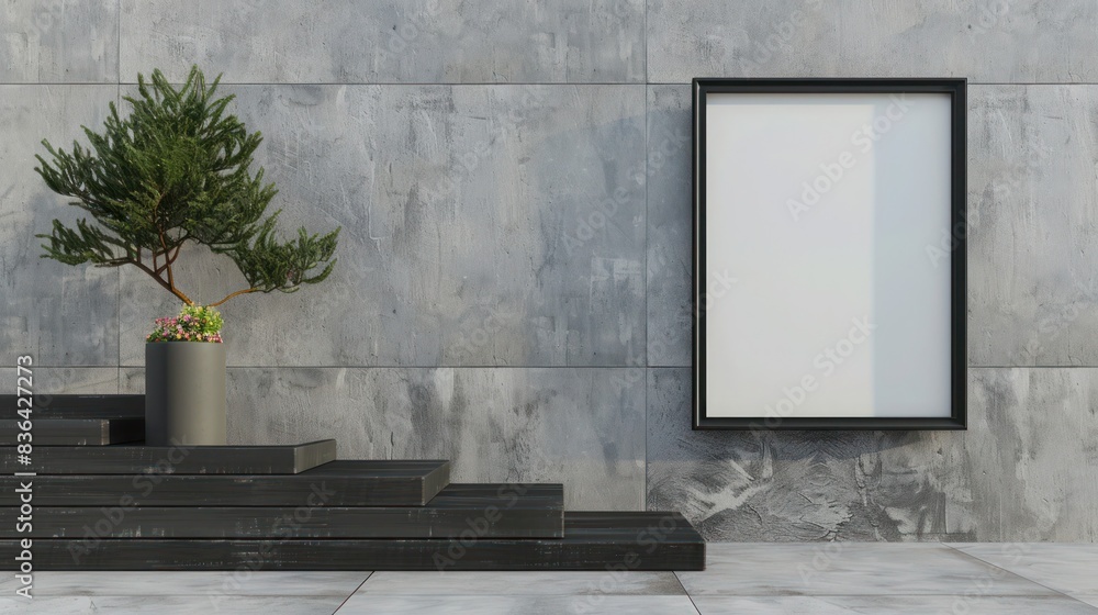 Blank white poster in black picture frame on wall with stairs with small tree in flowerpot. mock up Blank white poster in black picture frame on wall with stairs with small tree in flowerpot. mock up