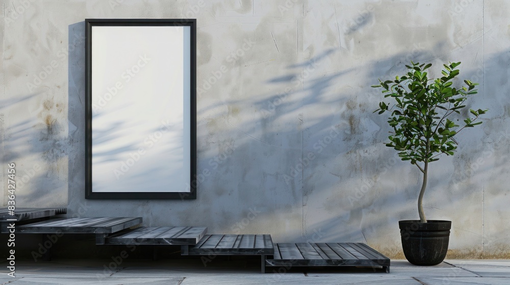 Blank white poster in black picture frame on wall with stairs with small tree in flowerpot. mock up Blank white poster in black picture frame on wall with stairs with small tree in flowerpot. mock up