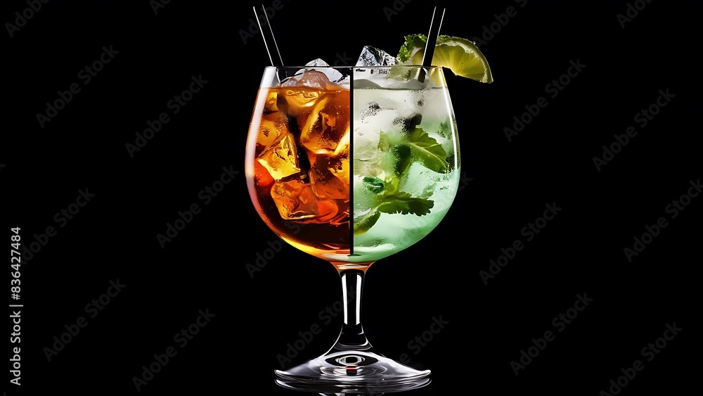 Glass of fresh long island ice tea and mojito cocktail studio shot on black background