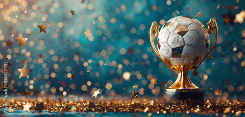Golden Soccer Trophy With Stars and Confetti Falling