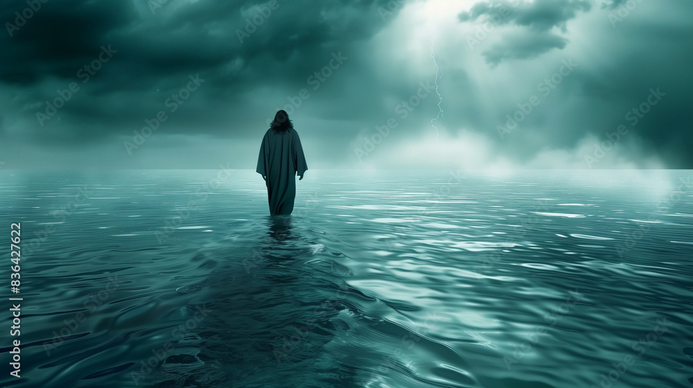 Jesus walks on water towards a stormy sky Jesus walks on water towards a stormy sky