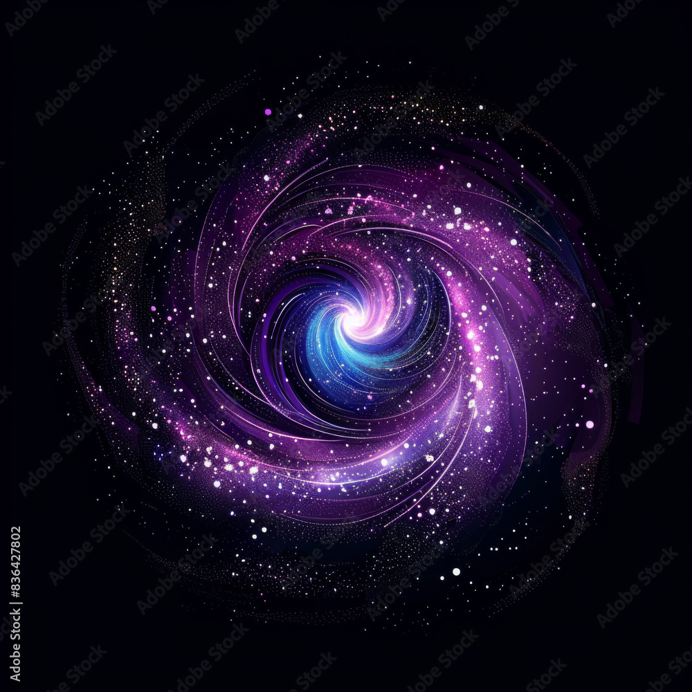 An vector illustration of an elegant purple and blue starry swirl on a black background, glittering stars with sparkling light effects, creating a magical atmosphere. An vector illustration of an elegant purple and blue starry swirl on a black background, glittering stars with sparkling light effects, creating a magical atmosphere.