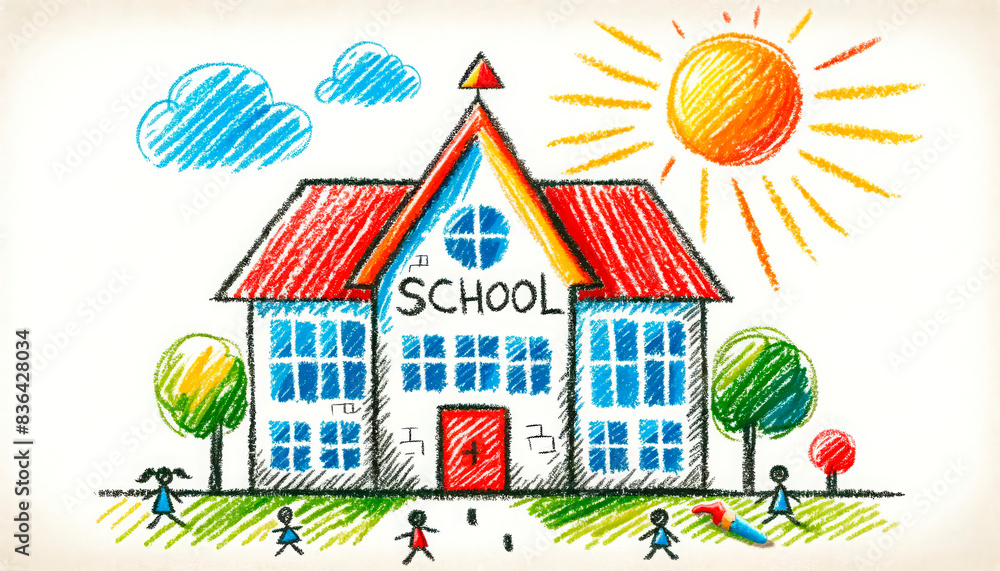 Colorful drawing of a school with children and sun. Location: primary school, time: morning. Concept: education, childhood, creativity. Business: educational institutions, publishers. Copy space Colorful drawing of a school with children and sun. Location: primary school, time: morning. Concept: education, childhood, creativity. Business: educational institutions, publishers. Copy space