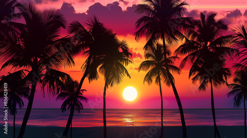 palm trees silhouetted against a vibrant sunset  with the sun dipping into the horizon