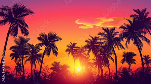 palm trees silhouetted against a vibrant sunset  with the sun dipping into the horizon