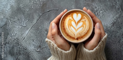Close Up of Hands Holding a Cup of Latte With Heart Design on a Grey Surface