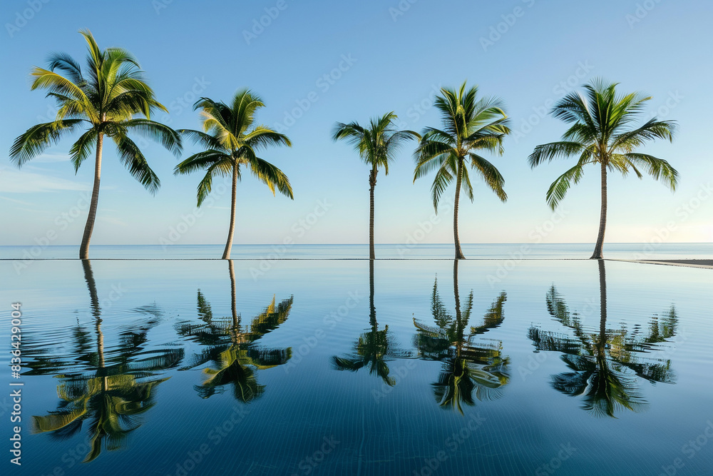 Reflections of palm trees in a calm pool of water near the beach