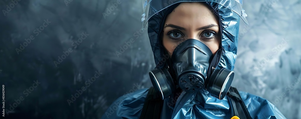 a woman wearing protective suit equipped with anti - attack technology stands in front of a blue wall, with a black mask covering her face her brown and blue eyes are visible, as well a woman wearing protective suit equipped with anti - attack technology stands in front of a blue wall, with a black mask covering her face her brown and blue eyes are visible, as well