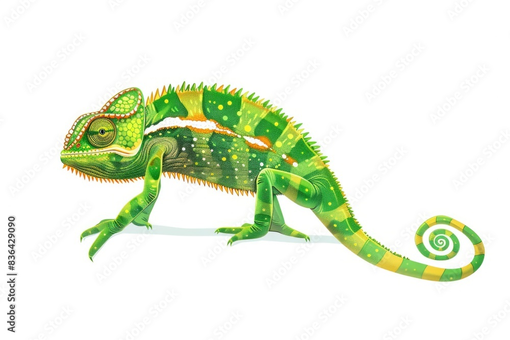 Naklejka premium A close-up shot of a chameleon lizard sitting on a white background, showcasing its vibrant green and yellow coloration