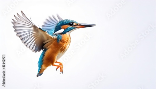 common, Eurasian or river kingfisher - Alcedo ispida - has blue green upper parts, orange underparts and a long bill. It feeds mainly on fish, caught by diving. isolated on white background © Chase D’Animulls