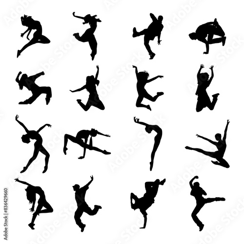 Collection of different dancer silhouette on white background. Dancer silhouette set