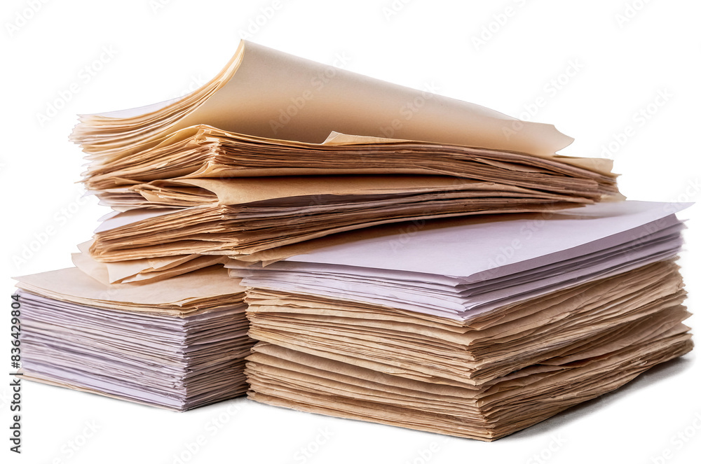 A tall stack of various colored papers neatly arranged, rendered on a transparent, png, with a white background A tall stack of various colored papers neatly arranged, rendered on a transparent, png, with a white background