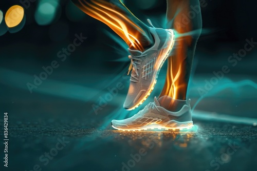 A close-up shot of a person's legs with glowing shoes, perfect for futuristic or sci-fi themed designs