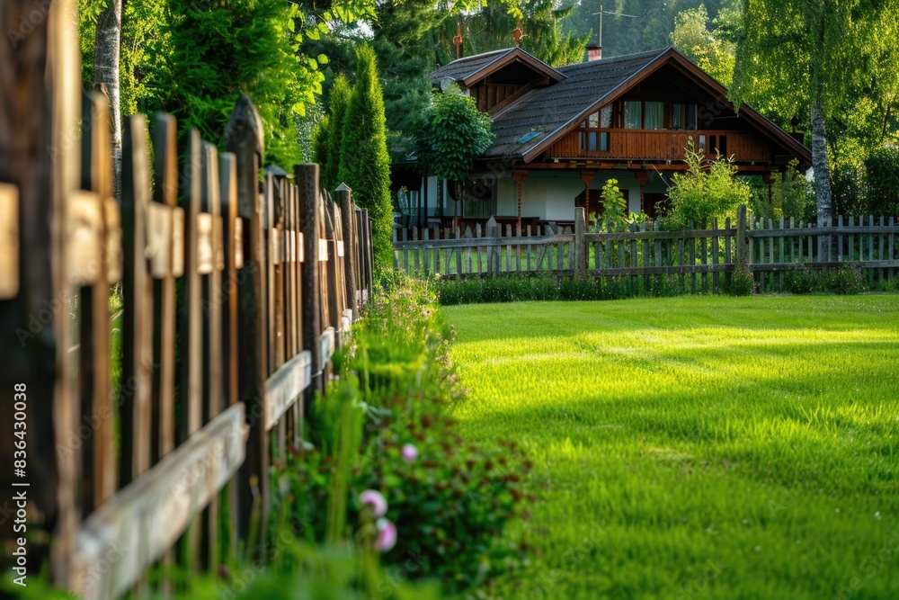 Fototapeta premium A residential property with a house and lawn in the background, suitable for use in real estate or home decor contexts