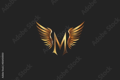 A stylized gold letter M with wings on a dark background  great for abstract designs and minimalist art