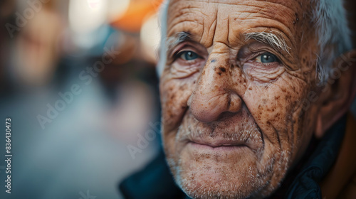 Close-up portrait of an elderly man with weathered face and expressive eyes, captured during a moment of reflection on a bustling street with blurred background.