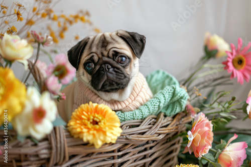 A small pug is sitting in a basket with a blue blanket and flowers