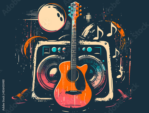 Guitar and amplifier on grunge background. Vector illustration.