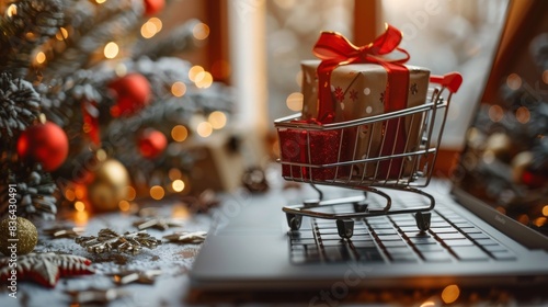 A Gift Wrapped In A Shopping Cart On A Laptop Keyboard During The Holiday Season