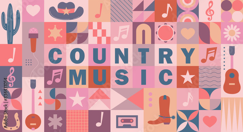 Country music sign. Cowboy hat with country music. Poster of country live music festival. Concert banner template with guitar and cowboy hat western style. Symbols of country music