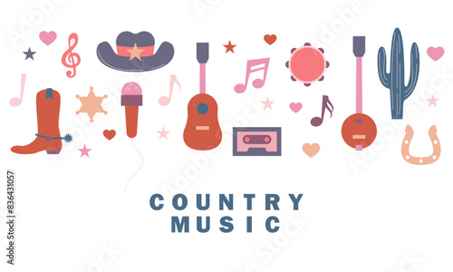 Country music sign. Cowboy hat with country music. Poster of country live music festival. Concert banner template with guitar and cowboy hat western style. Symbols of country music