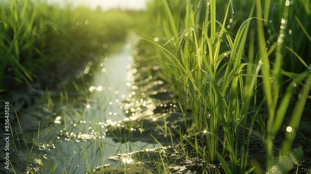 A serene scene of a gentle stream running through a lush green field, perfect for use in images of natural landscapes or serene environments A serene scene of a gentle stream running through a lush green field, perfect for use in images of natural landscapes or serene environments